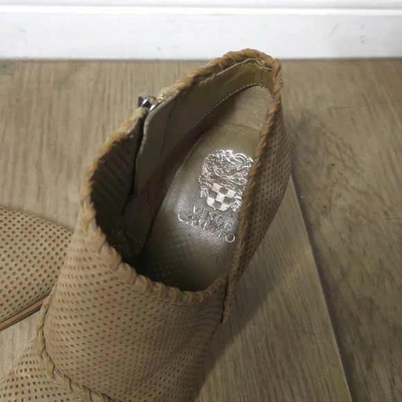 VINCE CAMUTO Lamorna Perforated Leather Pointy Bootie, Stacked Heel, Brown, 8.5 - Picture 11 of 11